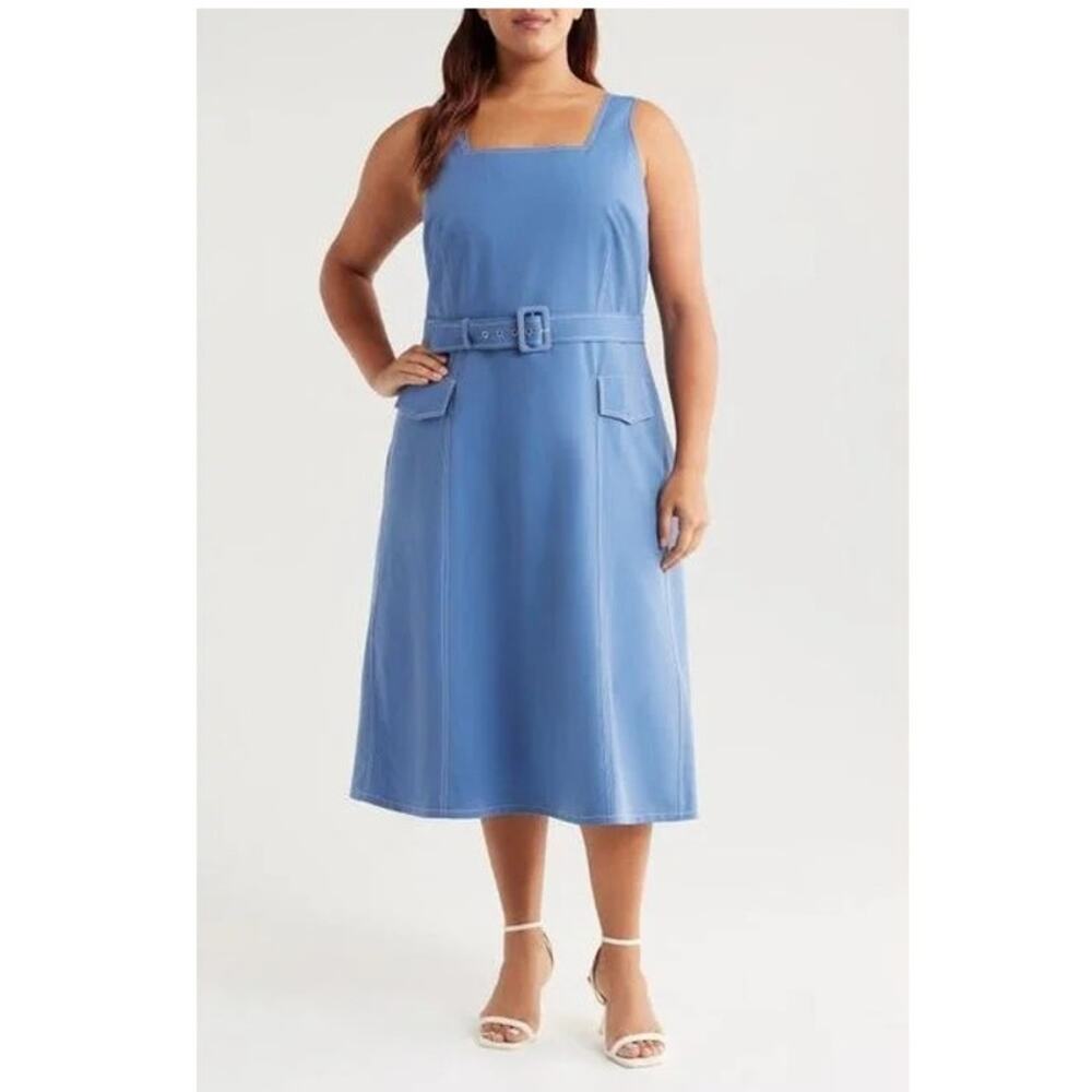 Tahari Denim Belted Midi Dress Plus Size 16W NWT